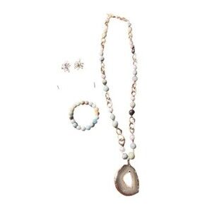 Womens Earth Tone Amazonite & Agate Beaded Long Pendant Necklace Jewelry Set